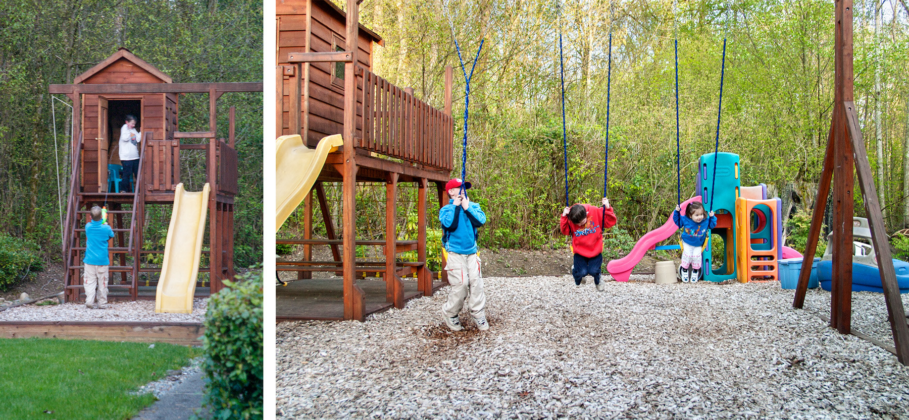 Swings, playhouse, slide