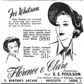 May 1952 ad for Suzanne's hat shop in Leeds