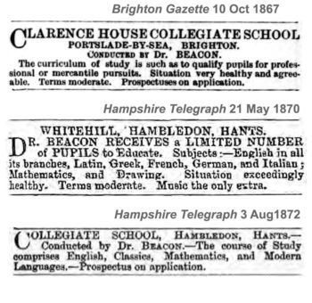 Alfred Beacon's school ventures 1866 - 1874