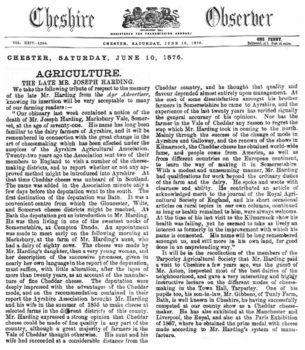 Cheshire Observer 10 Jun 1876-Joseph Harding obit