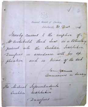 Note in 1886 from the Commissioner in Lunacy