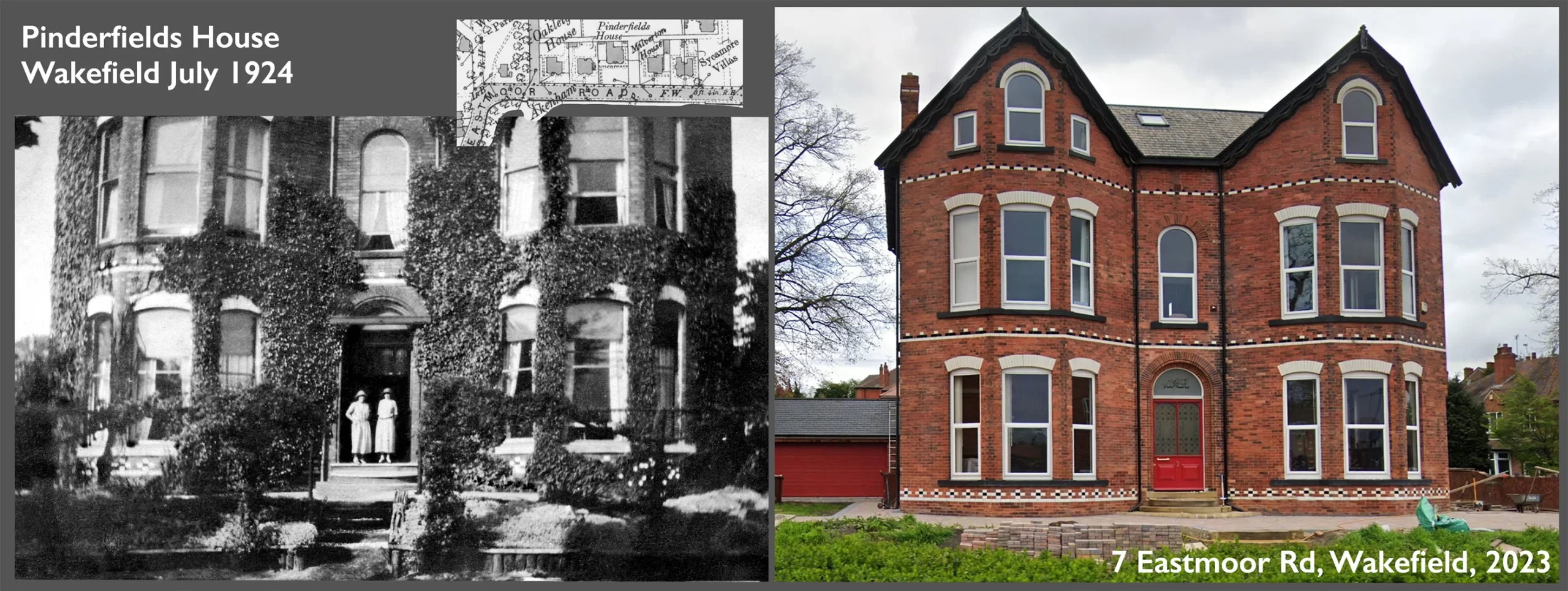 Pinderfields House, Eastmoor Road, Wakefield in 1924 and 2023