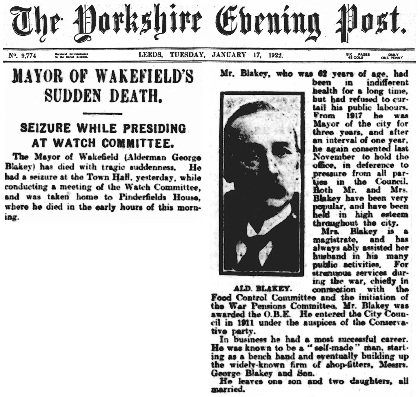 Obituary for George Blakey, mayor of Wakefield